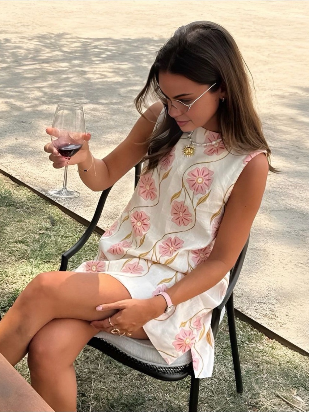 Commense Pink Floral Sleeveless Short Dress